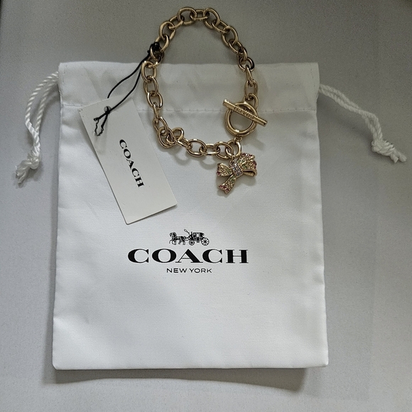 Coach Gold Tone Bow Chain Bracelet  crystal rhinestones charms Bracelet - Picture 1 of 5